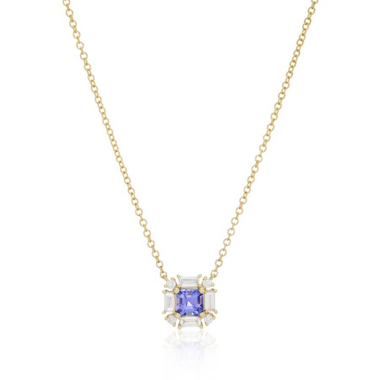9ct Gold Tanzanite & Diamond Set Cluster Pendant Necklace