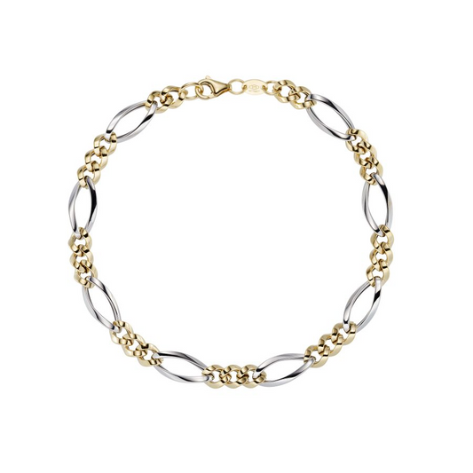 9ct Yellow & White Gold Two Tone Figaro Bracelet