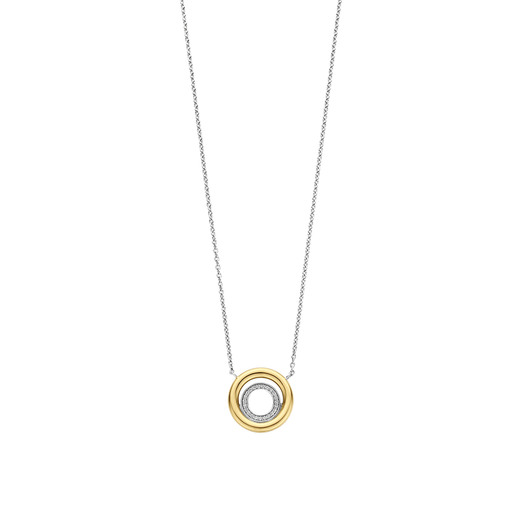 TI SENTO Sterling Silver & Gold Plated Two Tone Cubic Zirconia Set Circle Pendant Necklace