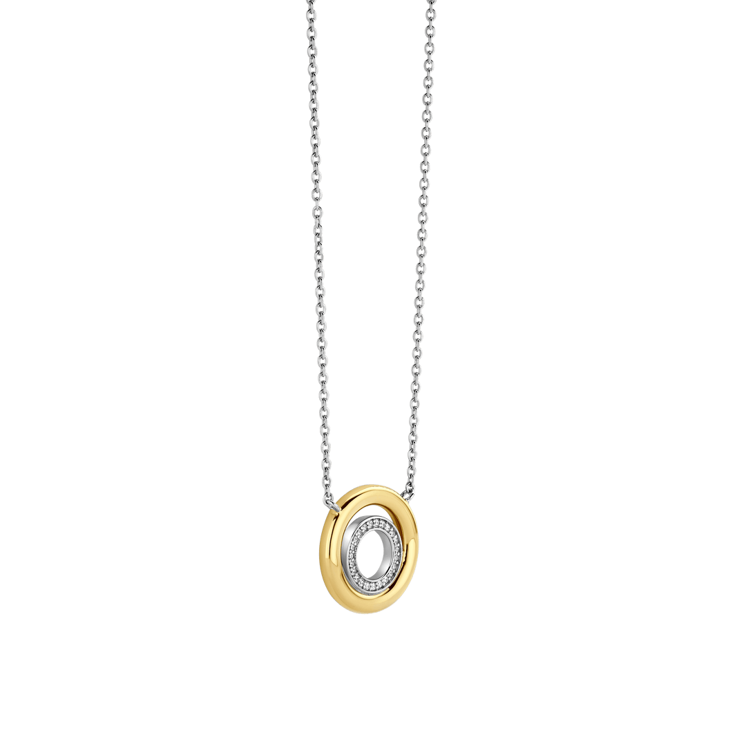 TI SENTO Sterling Silver & Gold Plated Two Tone Cubic Zirconia Set Circle Pendant Necklace