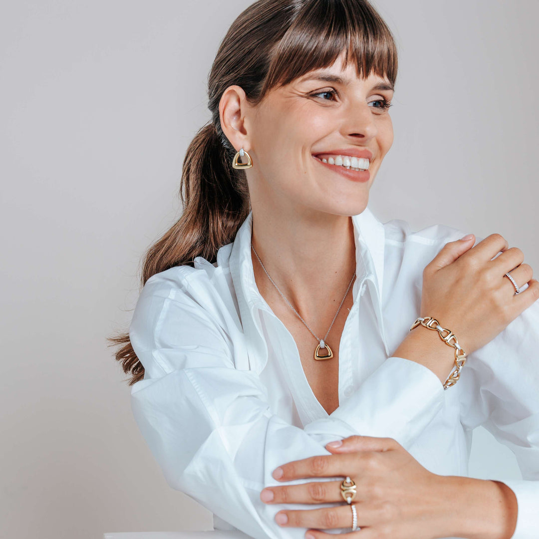 TI SENTO Sterling Silver & Gold Plated Two Tone Cubic Zirconia Set Triangular Pendant Necklace