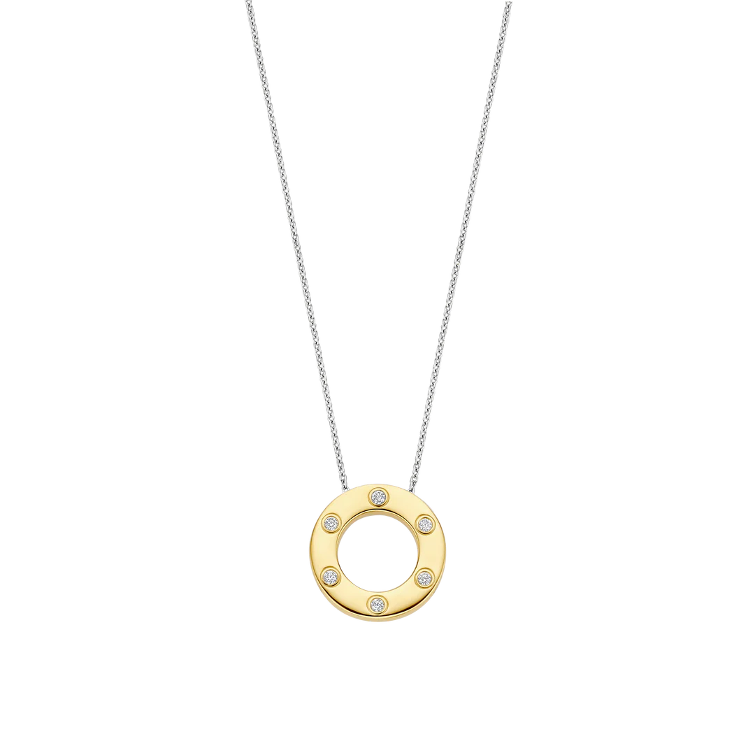 TI SENTO Sterling Silver & Gold Plated Two Tone 6 Cubic Zirconia Set Circle Pendant Necklace