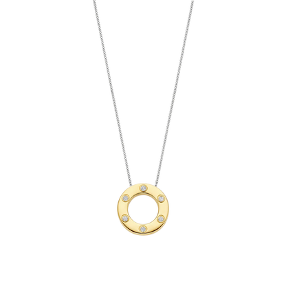 TI SENTO Sterling Silver & Gold Plated Two Tone 6 Cubic Zirconia Set Circle Pendant Necklace