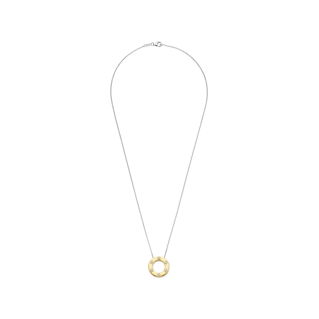 TI SENTO Sterling Silver & Gold Plated Two Tone 6 Cubic Zirconia Set Circle Pendant Necklace