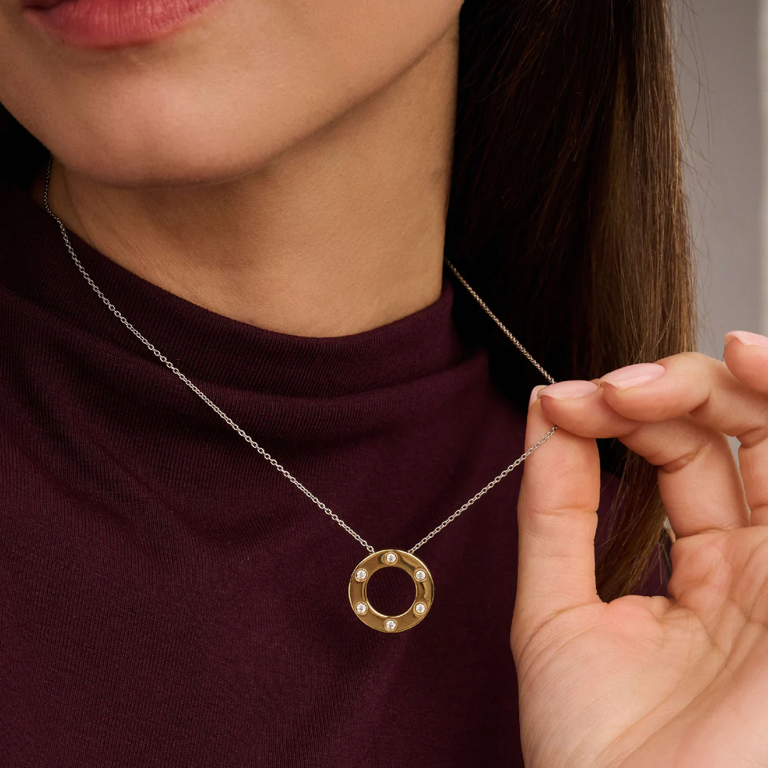 TI SENTO Sterling Silver & Gold Plated Two Tone 6 Cubic Zirconia Set Circle Pendant Necklace
