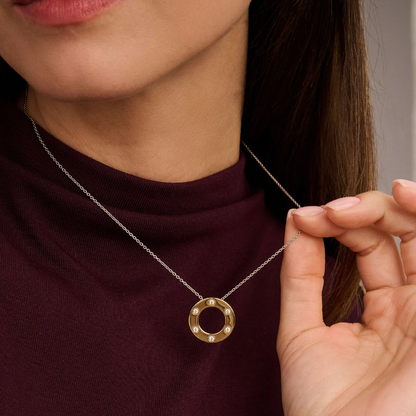 TI SENTO Sterling Silver & Gold Plated Two Tone 6 Cubic Zirconia Set Circle Pendant Necklace