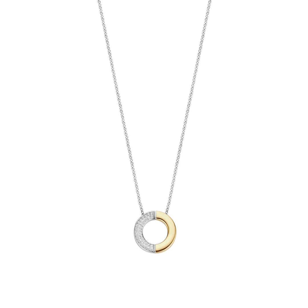 TI SENTO Contrast Sterling Silver & Gold Plated Two Tone Cubic Zirconia Set Circle Pendant Necklace