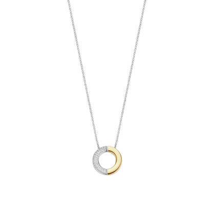 TI SENTO Contrast Sterling Silver & Gold Plated Two Tone Cubic Zirconia Set Circle Pendant Necklace
