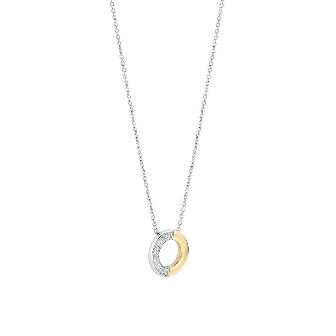 TI SENTO Contrast Sterling Silver & Gold Plated Two Tone Cubic Zirconia Set Circle Pendant Necklace