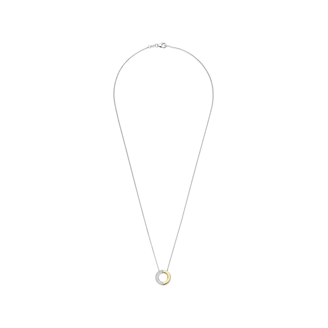 TI SENTO Contrast Sterling Silver & Gold Plated Two Tone Cubic Zirconia Set Circle Pendant Necklace
