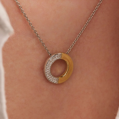 TI SENTO Contrast Sterling Silver & Gold Plated Two Tone Cubic Zirconia Set Circle Pendant Necklace