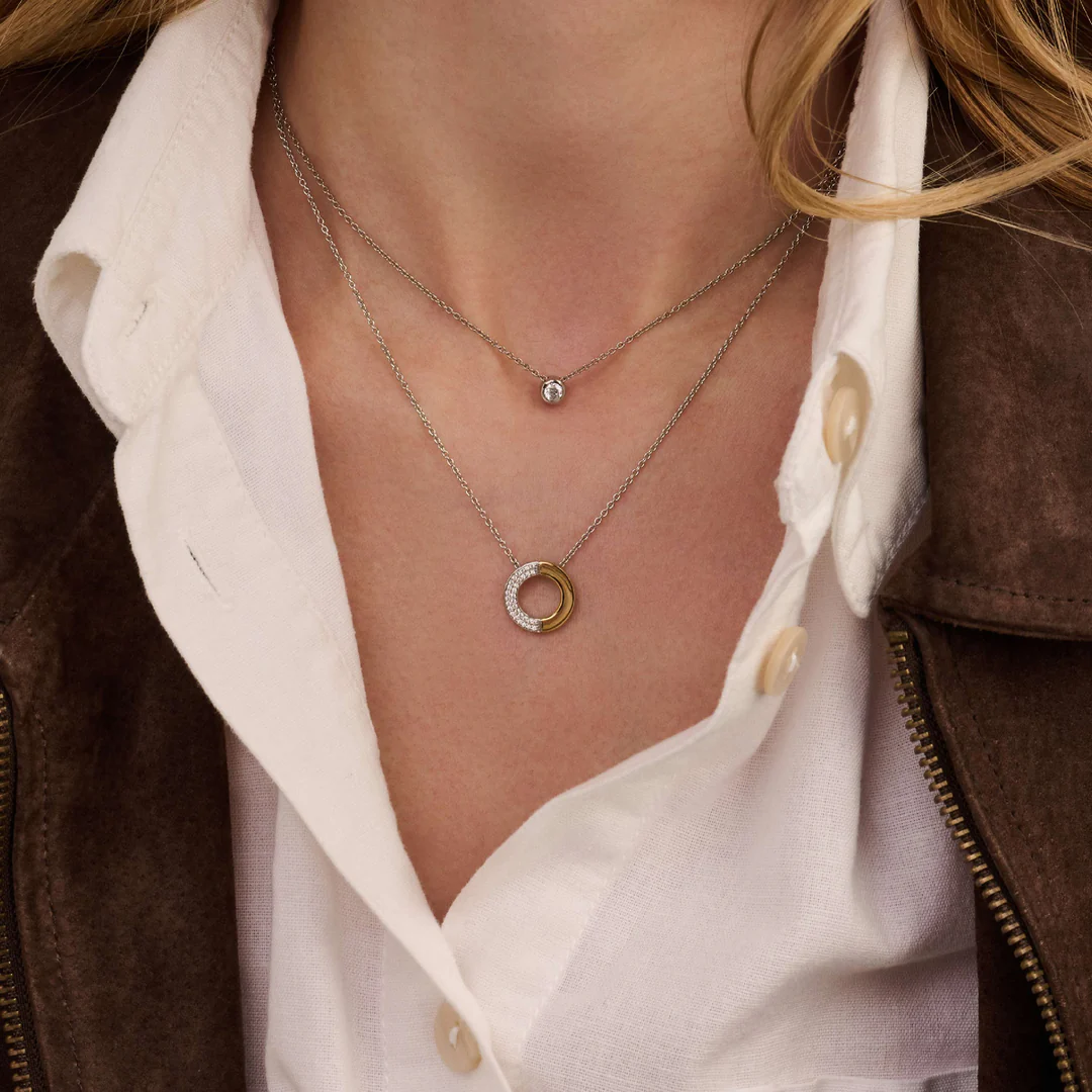 TI SENTO Contrast Sterling Silver & Gold Plated Two Tone Cubic Zirconia Set Circle Pendant Necklace