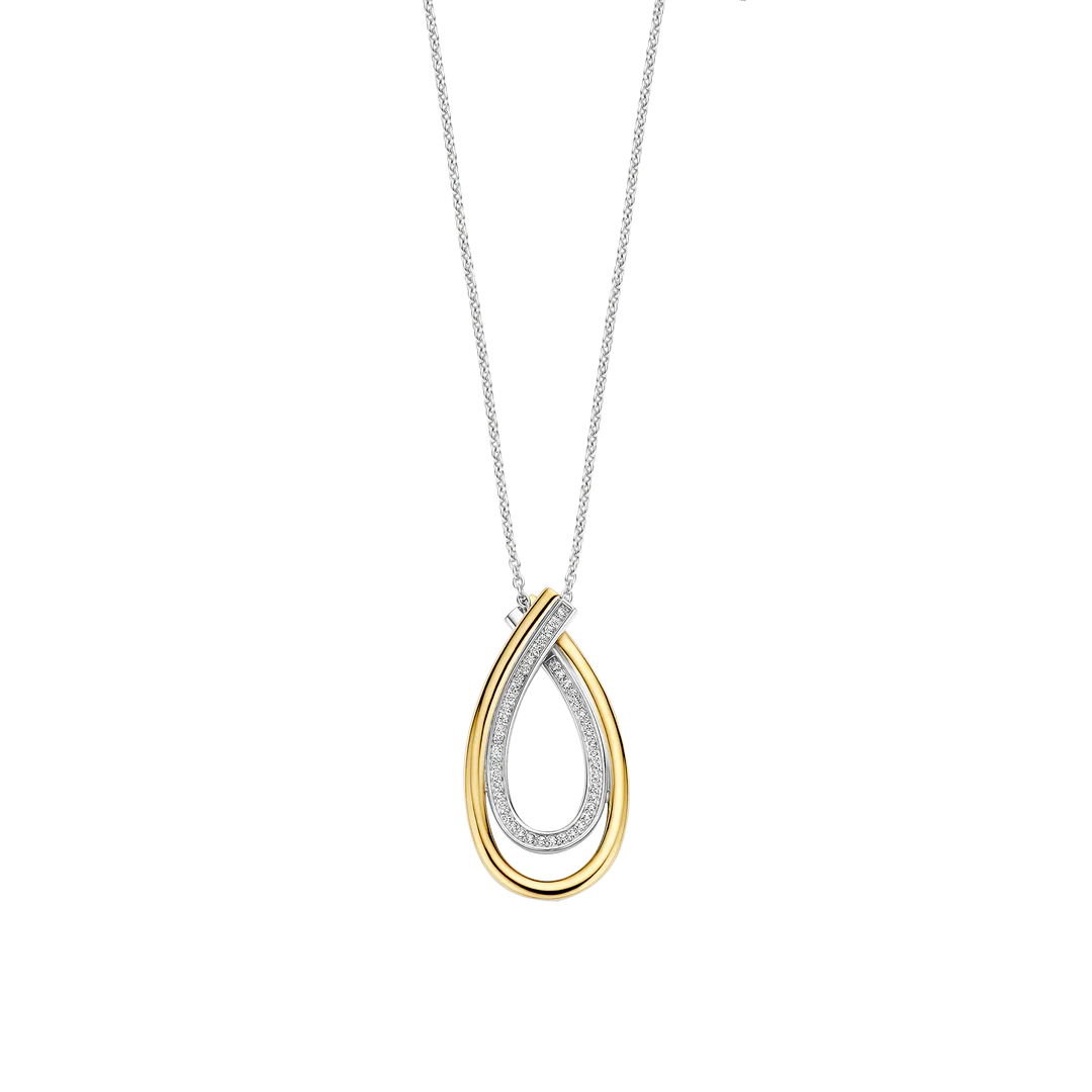 TI SENTO Organic Sterling Silver & Gold Plated Two Tone Cubic Zirconia Set Pear-Shape Pendant Necklace