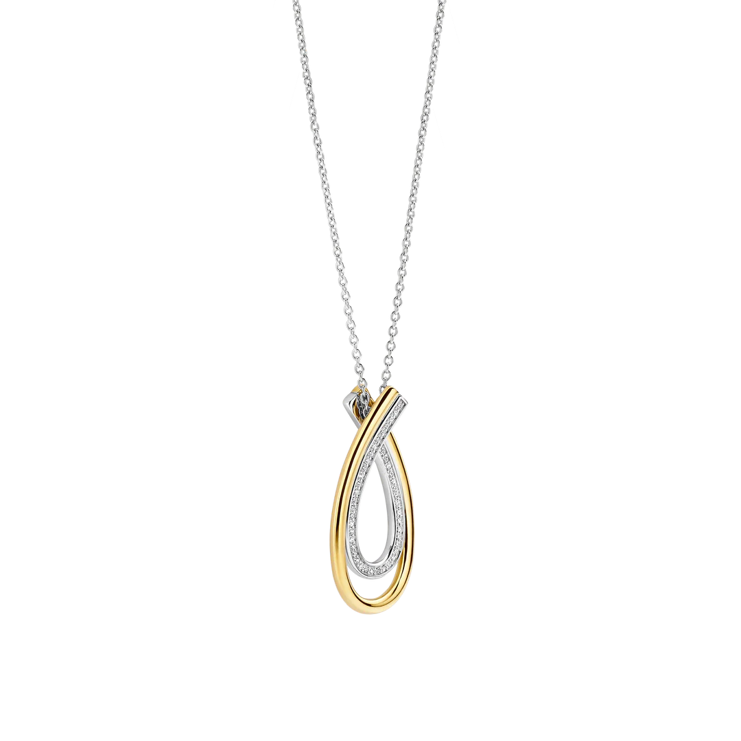 TI SENTO Organic Sterling Silver & Gold Plated Two Tone Cubic Zirconia Set Pear-Shape Pendant Necklace