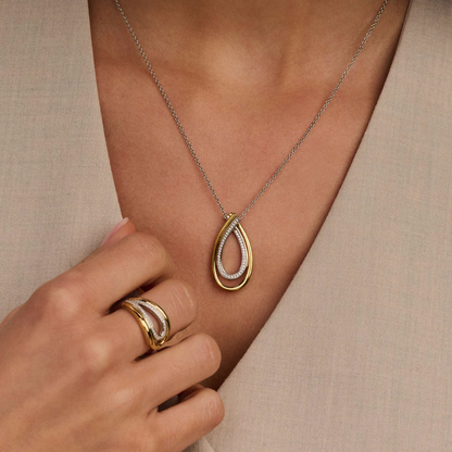 TI SENTO Organic Sterling Silver & Gold Plated Two Tone Cubic Zirconia Set Pear-Shape Pendant Necklace