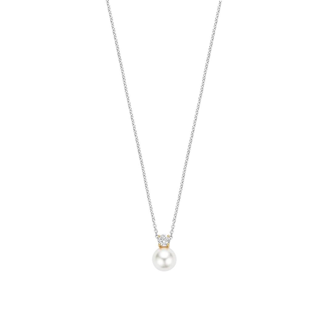 TI SENTO Sterling Silver & Gold Plated Two Tone Cubic Zirconia & Pearl Set Pendant Necklace