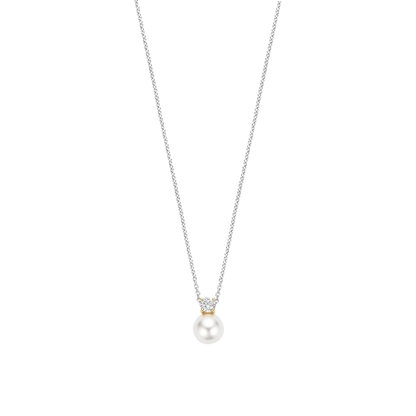 TI SENTO Sterling Silver & Gold Plated Two Tone Cubic Zirconia & Pearl Set Pendant Necklace