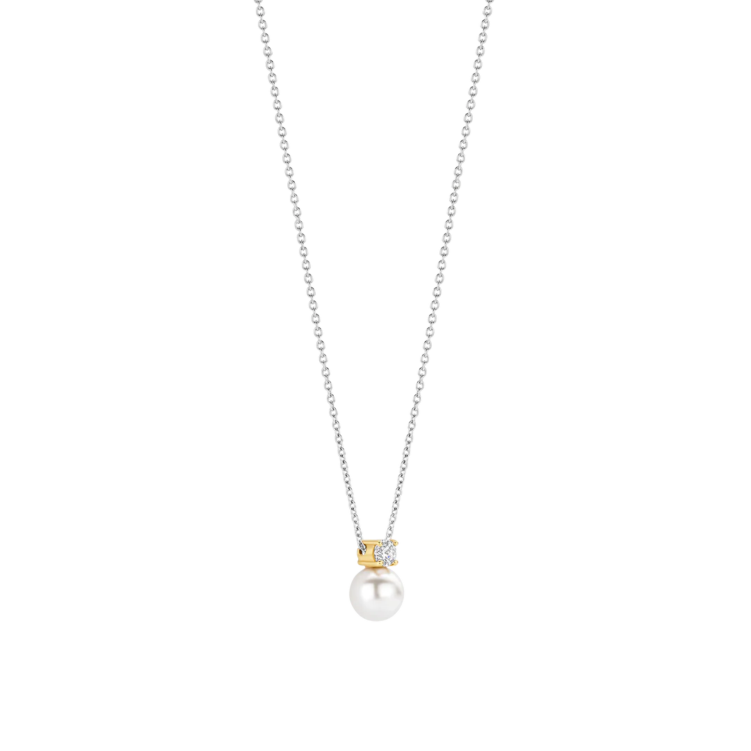 TI SENTO Sterling Silver & Gold Plated Two Tone Cubic Zirconia & Pearl Set Pendant Necklace