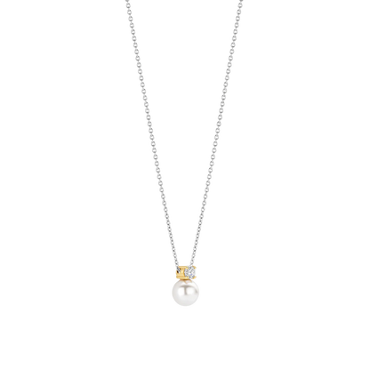 TI SENTO Sterling Silver & Gold Plated Two Tone Cubic Zirconia & Pearl Set Pendant Necklace