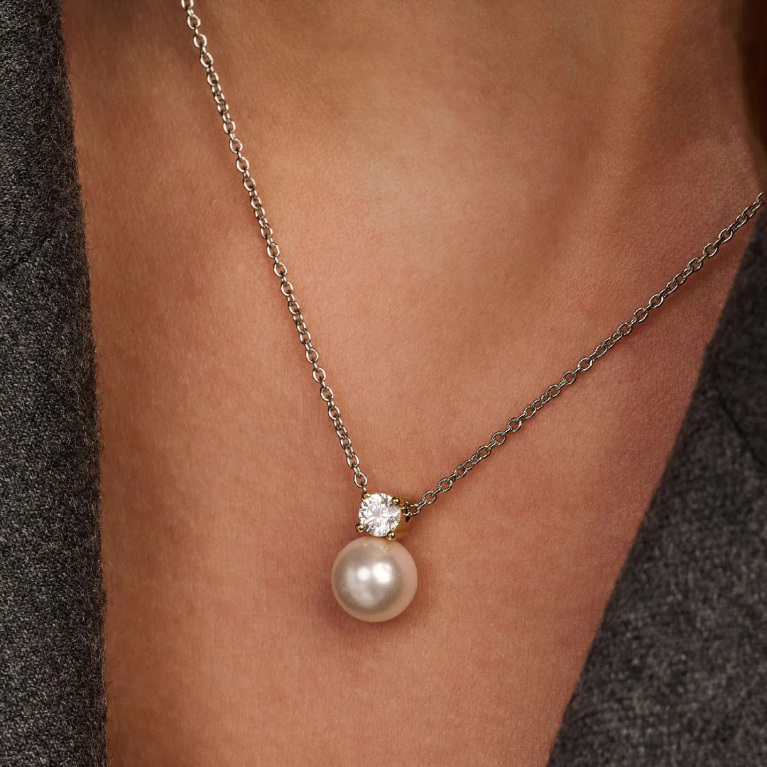 TI SENTO Sterling Silver & Gold Plated Two Tone Cubic Zirconia & Pearl Set Pendant Necklace
