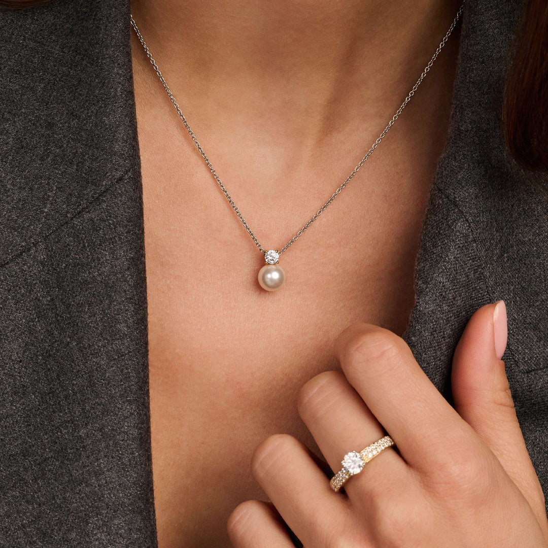 TI SENTO Sterling Silver & Gold Plated Two Tone Cubic Zirconia & Pearl Set Pendant Necklace