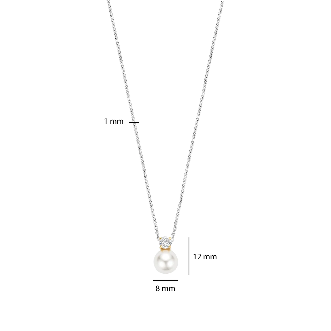 TI SENTO Sterling Silver & Gold Plated Two Tone Cubic Zirconia & Pearl Set Pendant Necklace