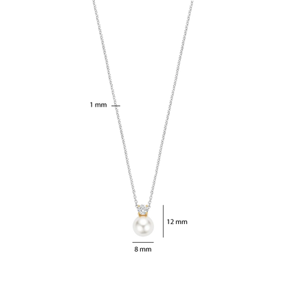 TI SENTO Sterling Silver & Gold Plated Two Tone Cubic Zirconia & Pearl Set Pendant Necklace