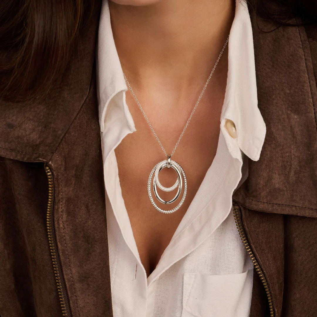 TI SENTO Sterling Silver Cubic Zirconia Set Circle Layered Structure Pendant Necklace