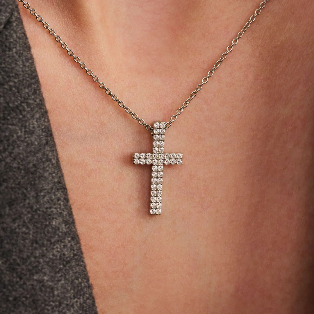 TI SENTO Sterling Silver Cubic Zirconia Set Two Row Cross Pendant Necklace