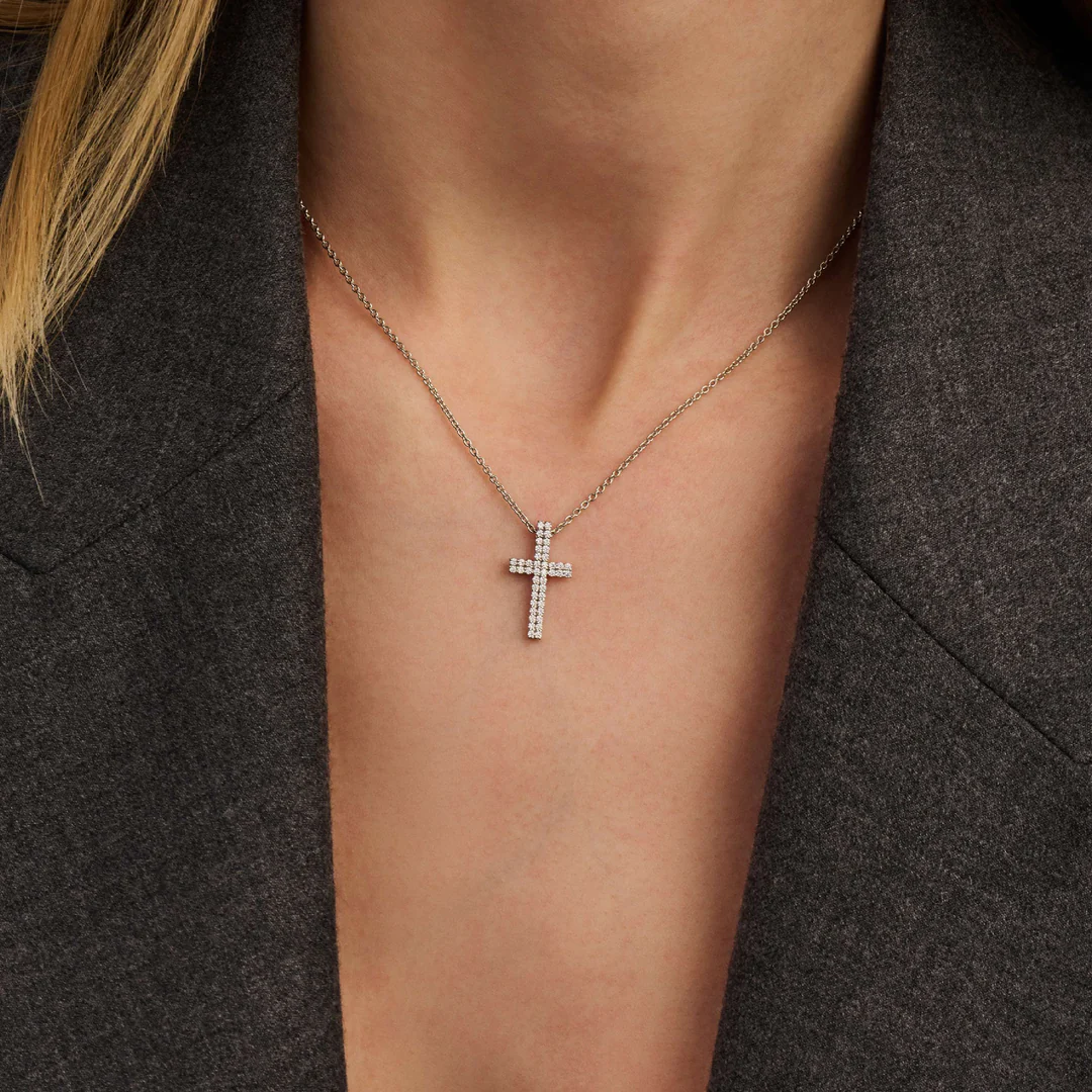 TI SENTO Sterling Silver Cubic Zirconia Set Two Row Cross Pendant Necklace