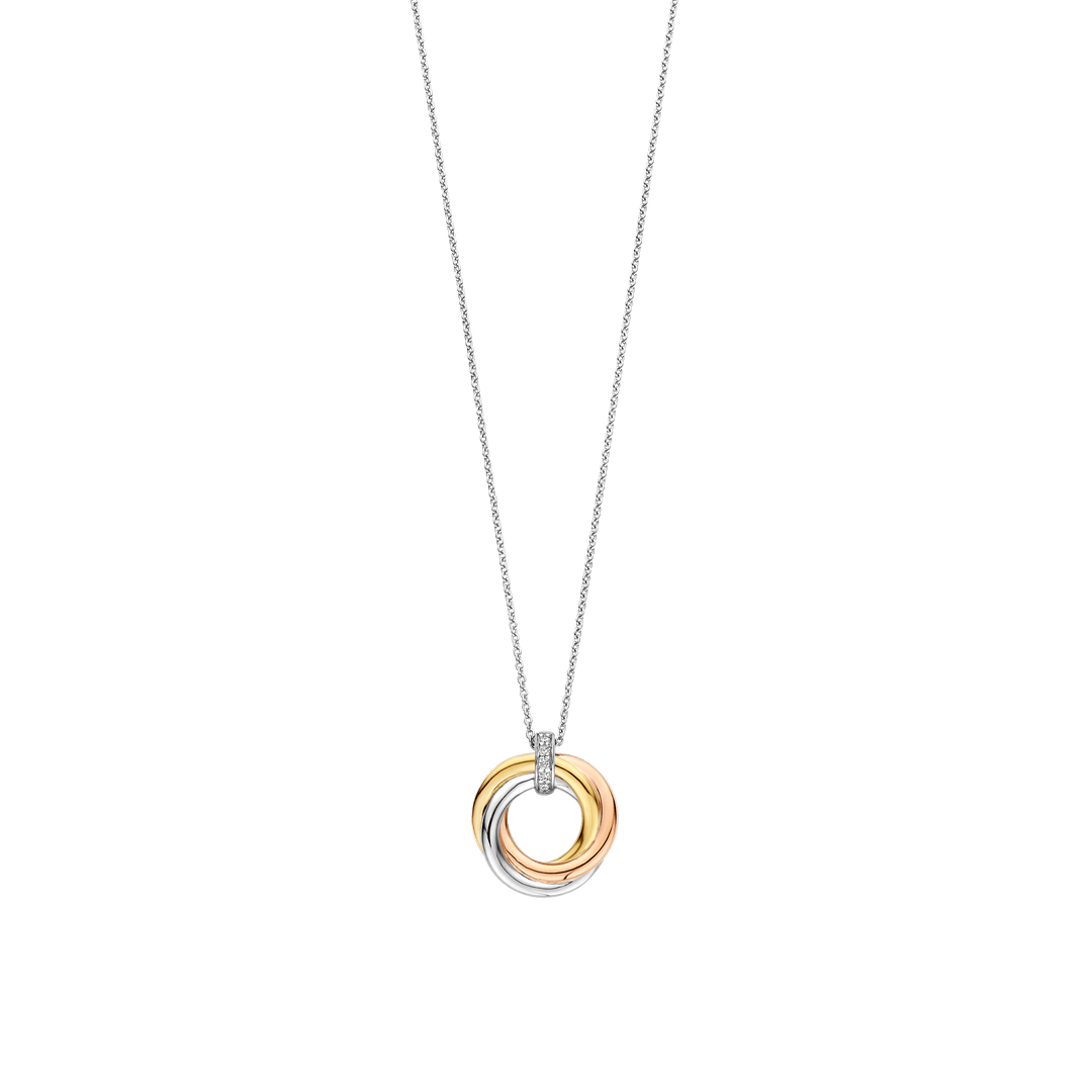 TI SENTO Sterling Silver & Gold Plated 3 Colour Cubic Zirconia Set Interlocking Rings Pendant Necklace