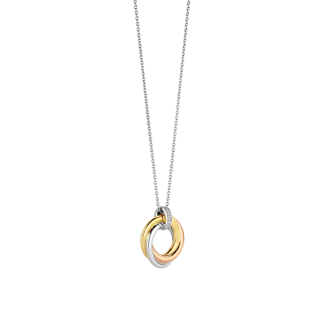 TI SENTO Sterling Silver & Gold Plated 3 Colour Cubic Zirconia Set Interlocking Rings Pendant Necklace