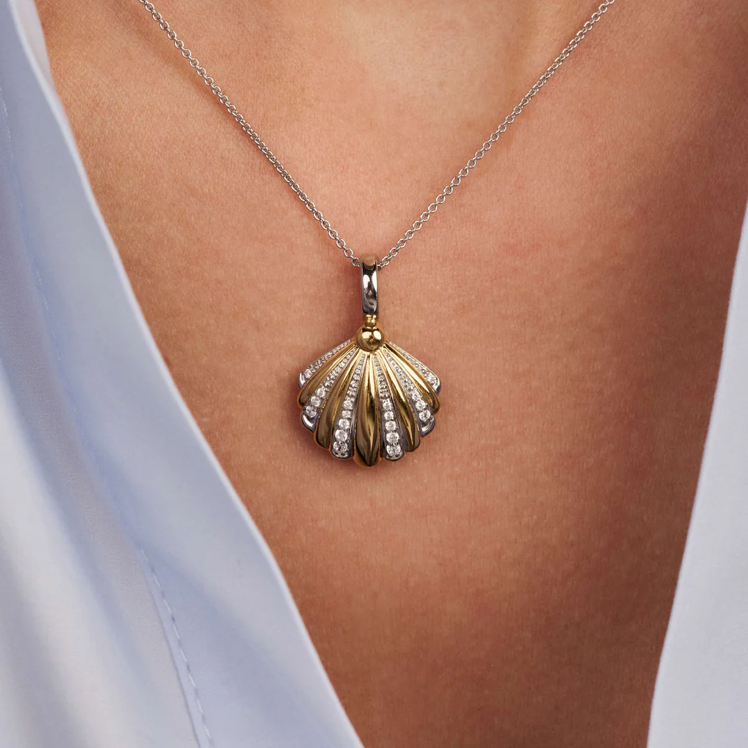 TI SENTO Sterling Silver & Gold Plated Two Tone Cubic Zirconia Set Shell Pendant Necklace