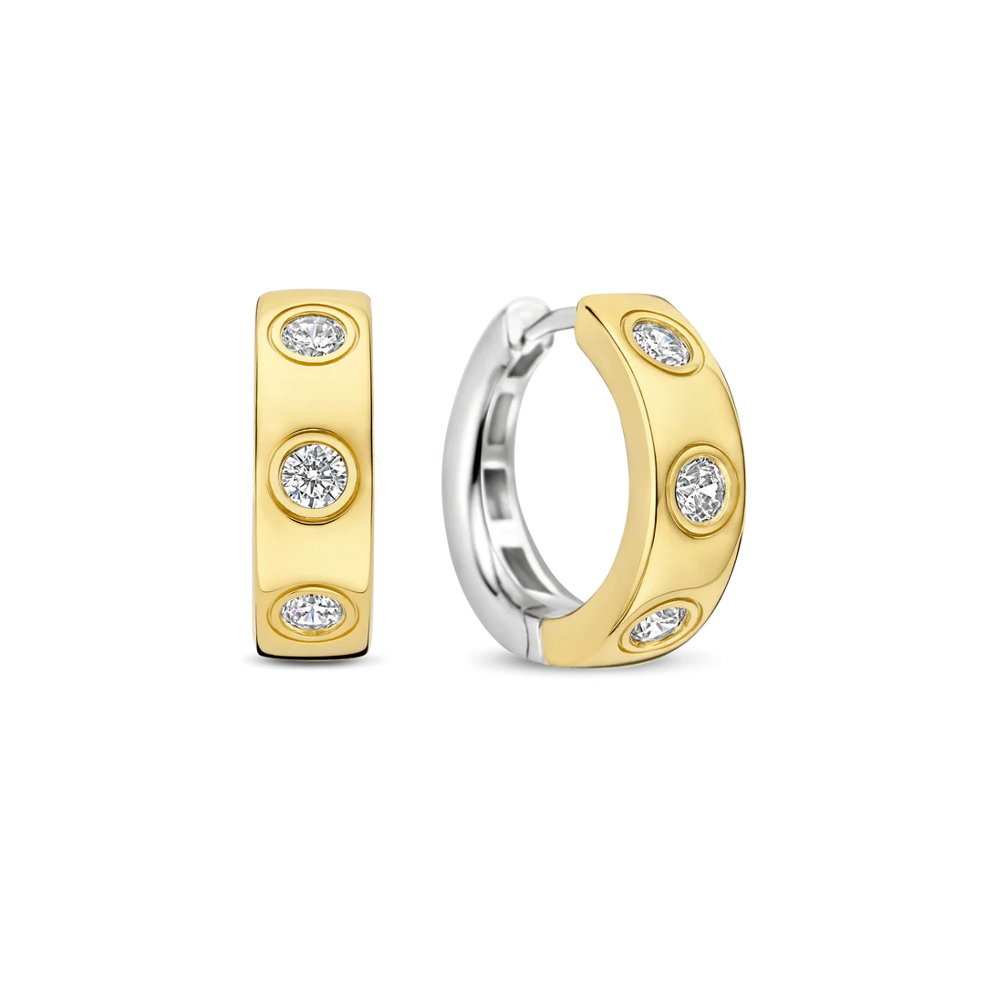 TI SENTO Sterling Silver & Gold Plated Two Tone Cubic Zirconia Set Huggy Hoop Earrings