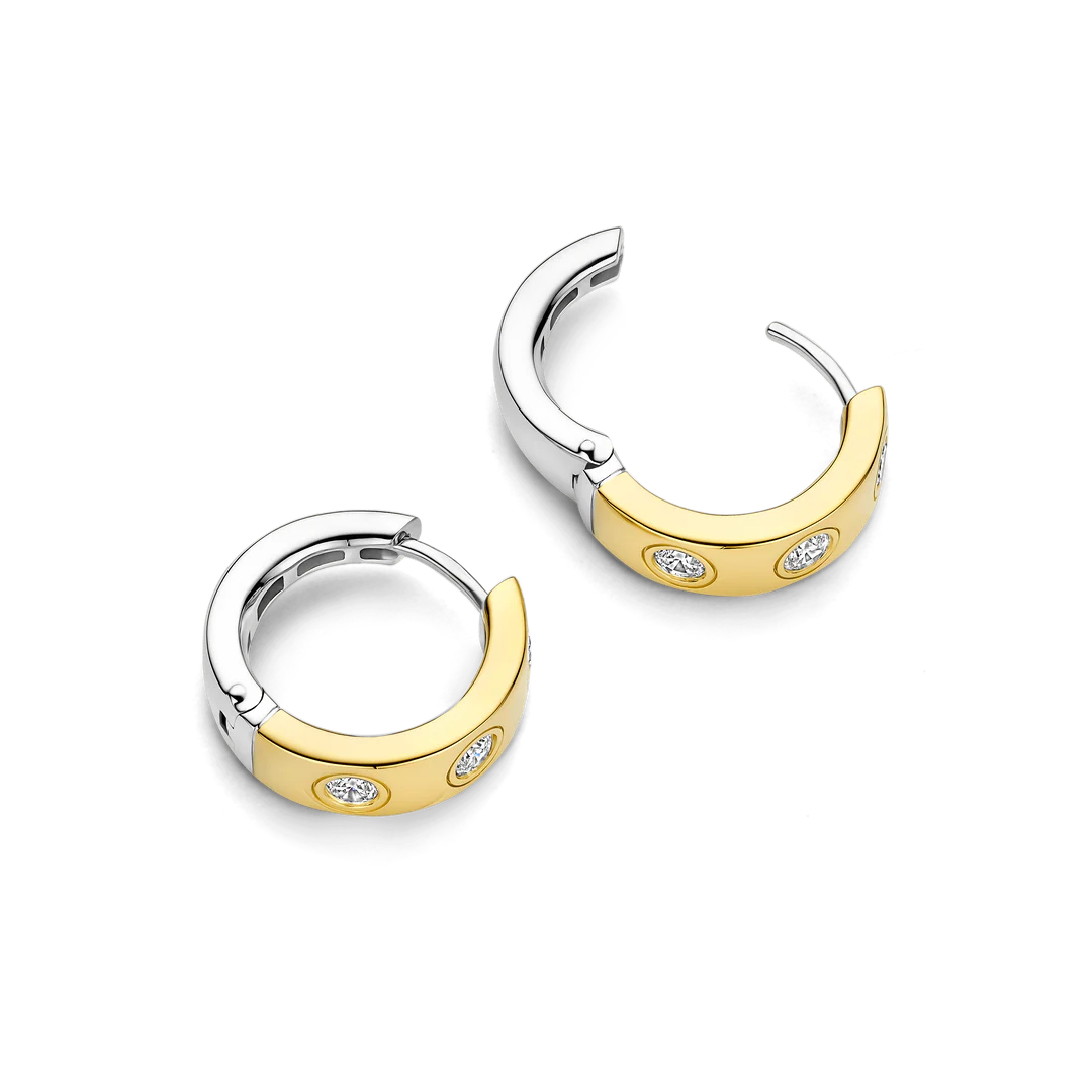 TI SENTO Sterling Silver & Gold Plated Two Tone Cubic Zirconia Set Huggy Hoop Earrings
