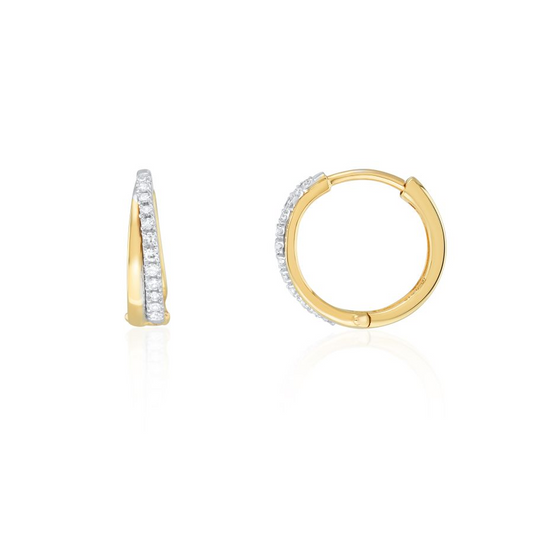 9ct Yellow & White Gold Two Tone Diamond Set Huggy Hoop Earrings
