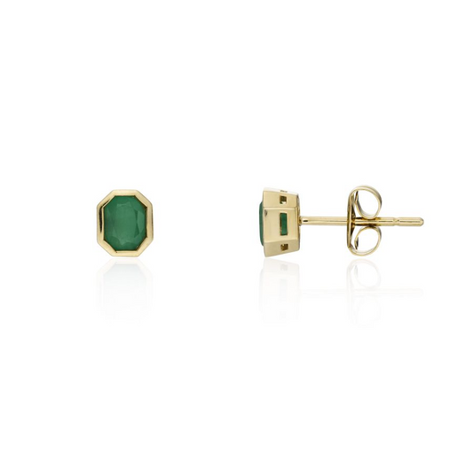 9ct Gold Rubover Set Emerald Octagon Stud Earrings