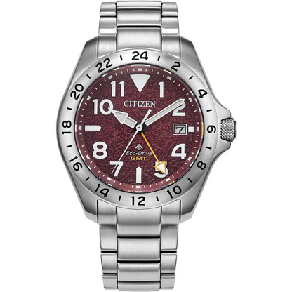 Citizen Eco-Drive Promaster Land GMT Red Dial Stainless Steel Mens Watch BJ7150-50W