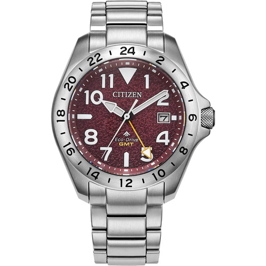 Citizen Eco-Drive Promaster Land GMT Red Dial Stainless Steel Mens Watch BJ7150-50W