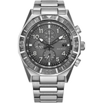 Citizen Eco-Drive Nighthawk Grey Dial Ion Plated Stainless Steel Mens Chronograph Watch CA0890-54H