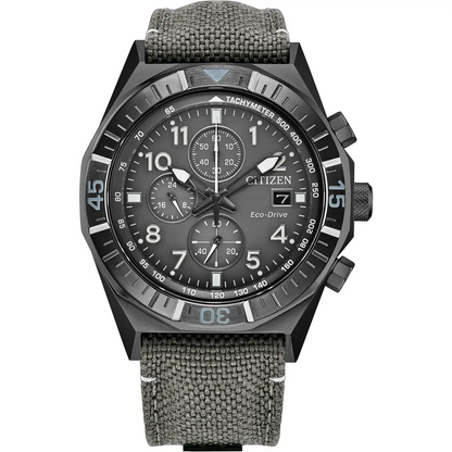 Citizen Eco-Drive Nighthawk Grey Dial Ion Plated Stainless Steel Mens Chronograph Watch CA0897-04H