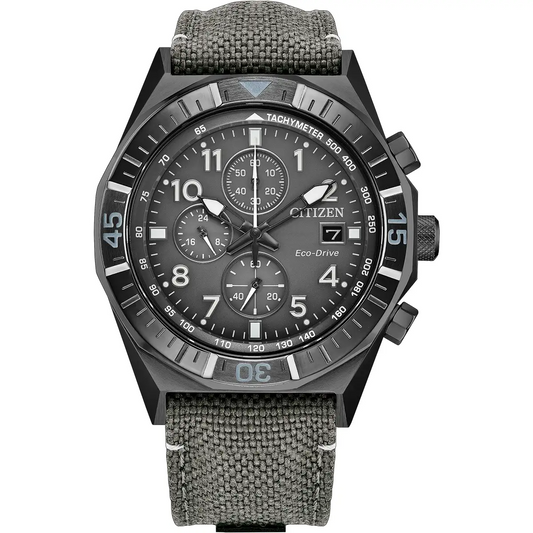 Citizen Eco-Drive Nighthawk Grey Dial Ion Plated Stainless Steel Mens Chronograph Watch CA0897-04H