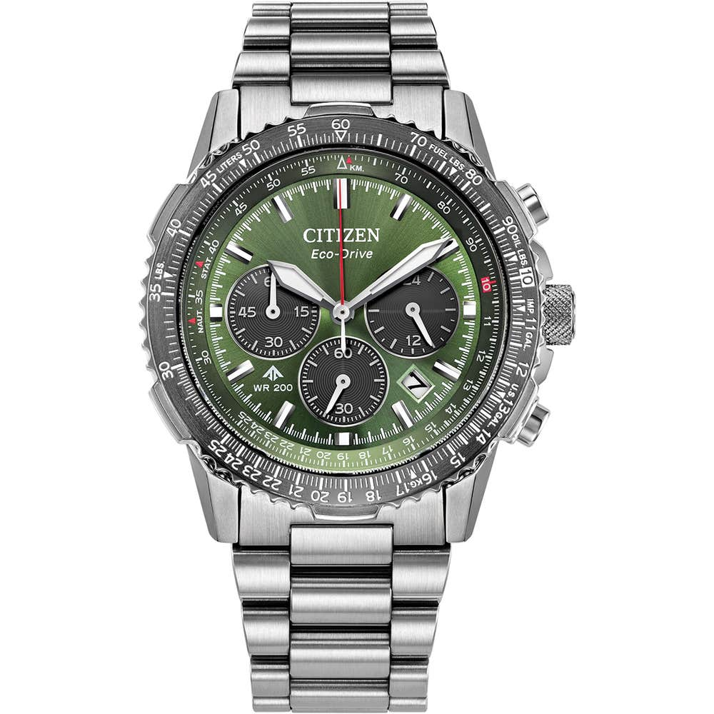Citizen Eco-Drive Promaster Air Navihawk Green Dial Stainless Steel Mens Chronograph Watch CA4664-60W