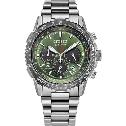 Citizen Eco-Drive Promaster Air Navihawk Green Dial Stainless Steel Mens Chronograph Watch CA4664-60W