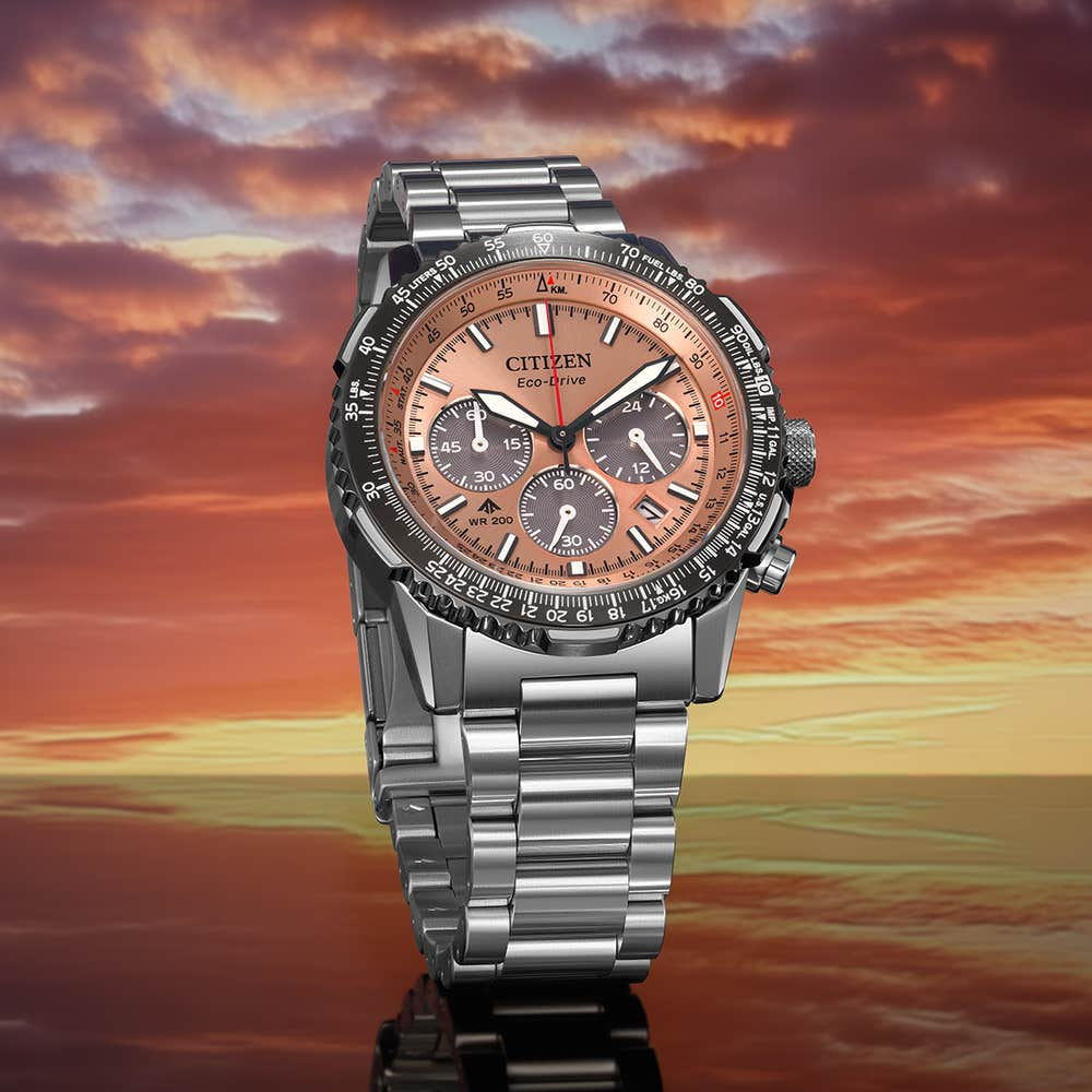 Citizen Eco-Drive Promaster Air Navihawk Salmon Dial Stainless Steel Mens Chronograph Watch CA4664-60X