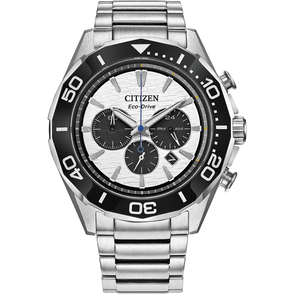 Citizen Eco-Drive Sport Silver & Black Dial Stainless Steel Mens Chronograph Watch CA4730-59A