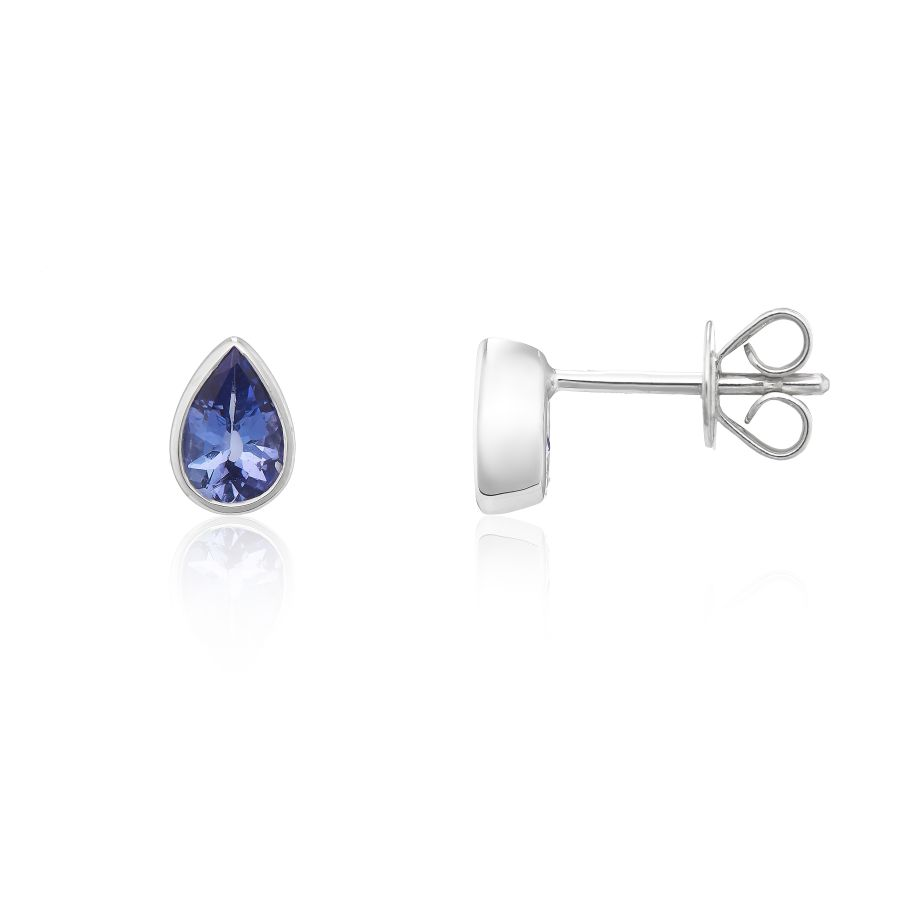 9ct White Gold Pear Shaped Tanzanite Rubover Set Stud Earrings