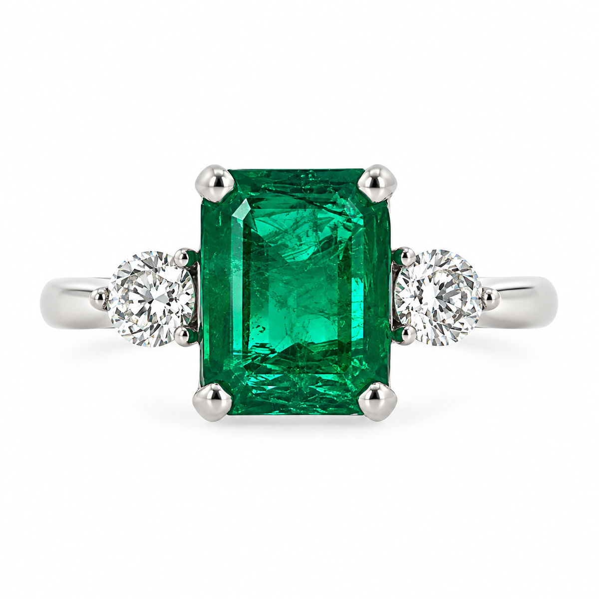 Platinum Emerald & Diamond Set Three Stone Trilogy Ring