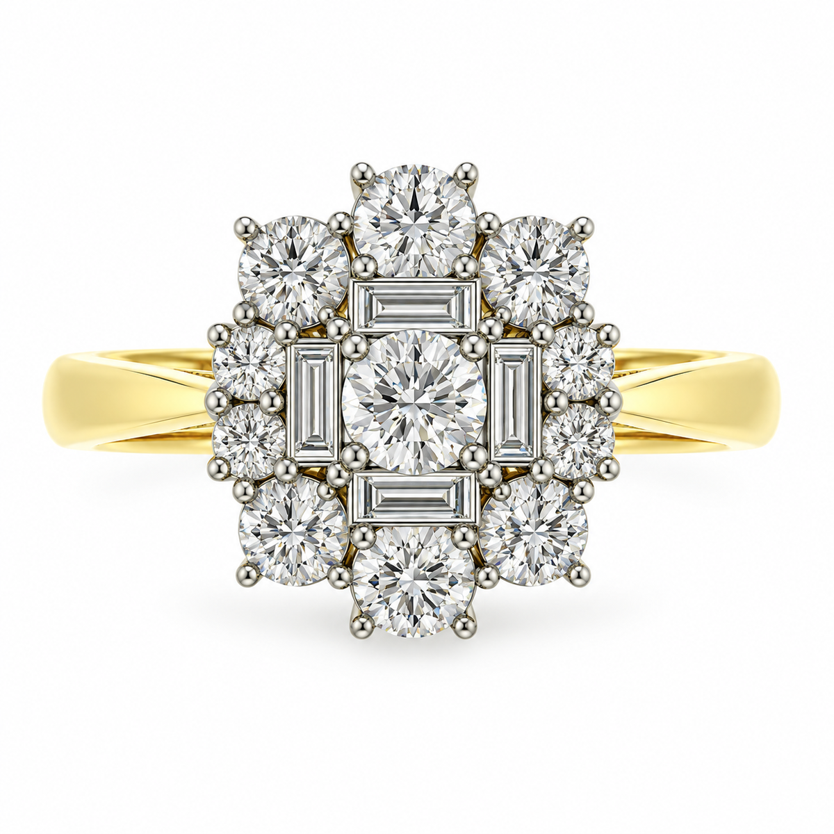 18ct Yellow & White Gold Baguette & Brilliant Cut Diamond Set Cluster Ring