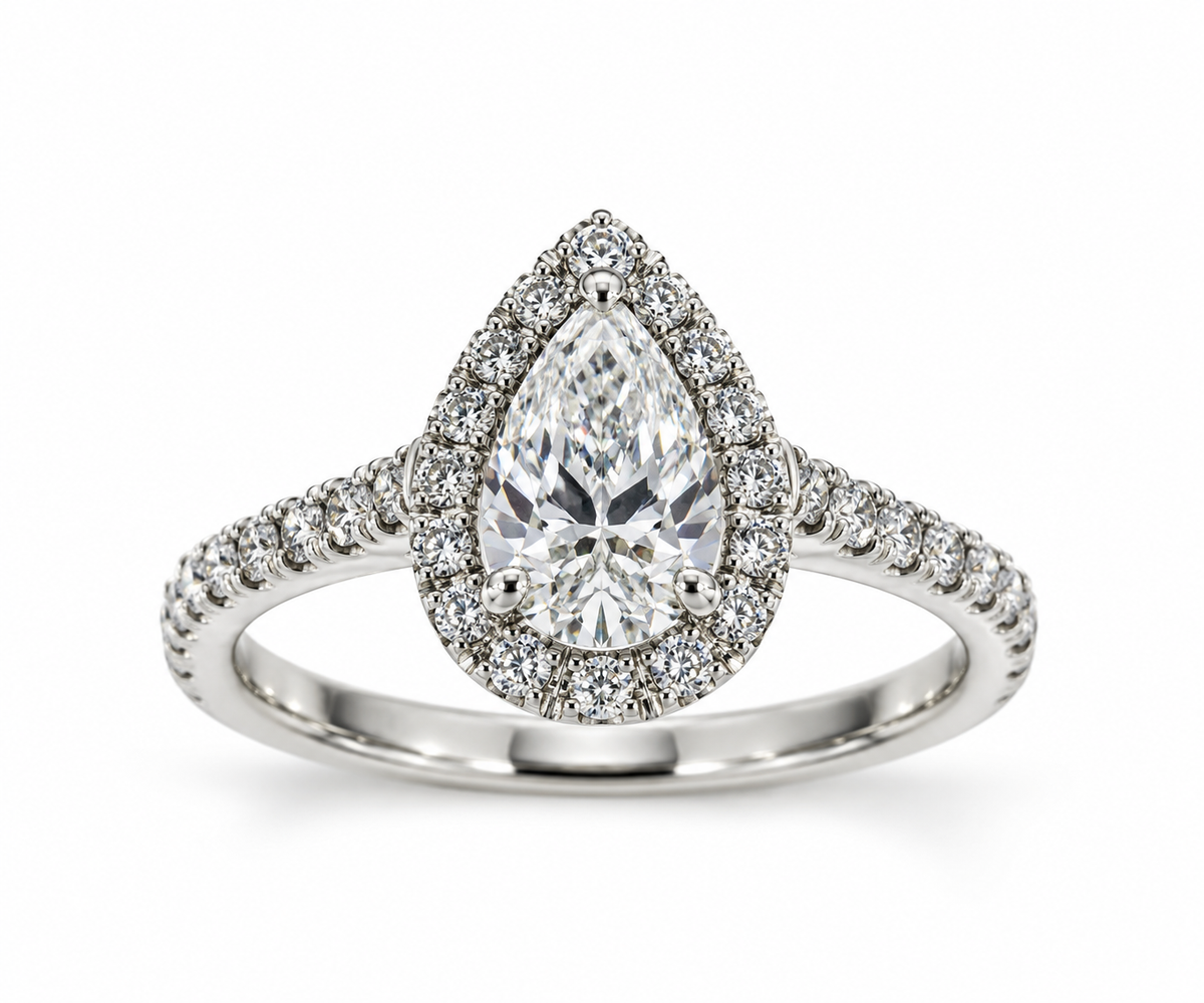 Platinum Claw Set Pear Shaped Diamond Halo Cluster Dress Ring